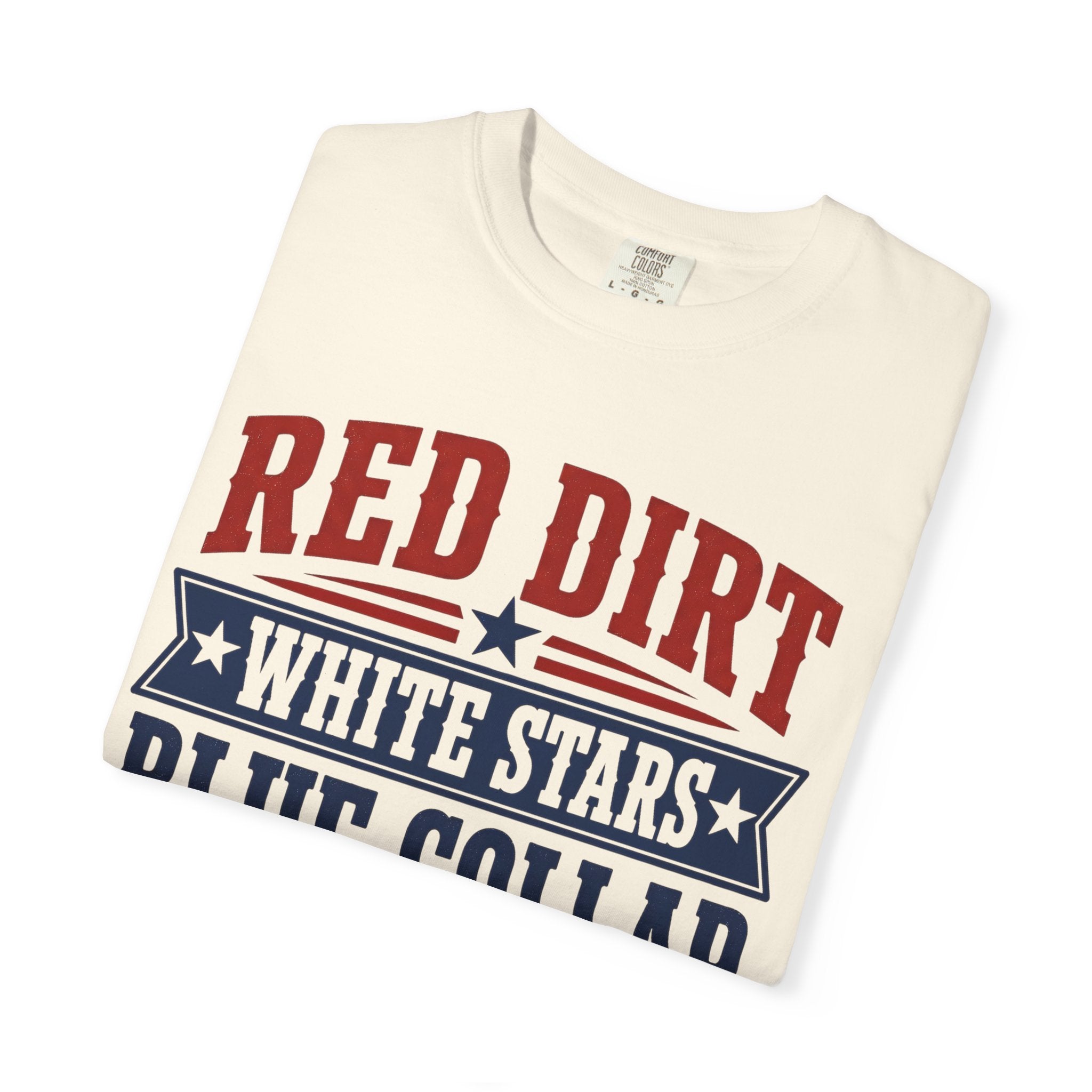 Folded t-shirt with 'Red Dirt White Stars Blue Collar' text on a white background