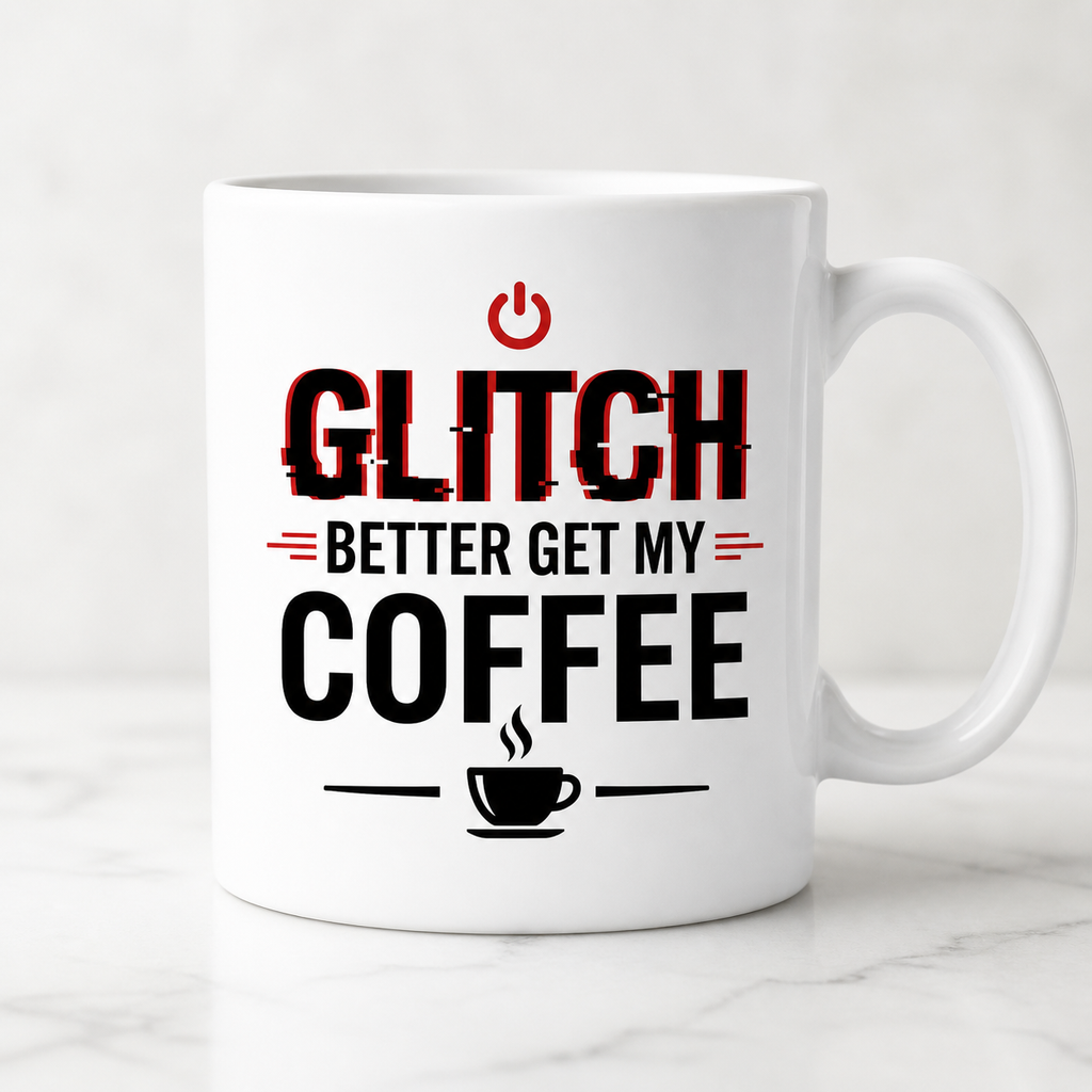 White ceramic mug with Glitch Better Get My Coffee design in black and red