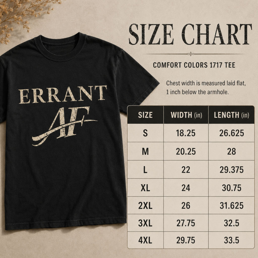 Errant AF T-Shirt size chart — S through 3XL
