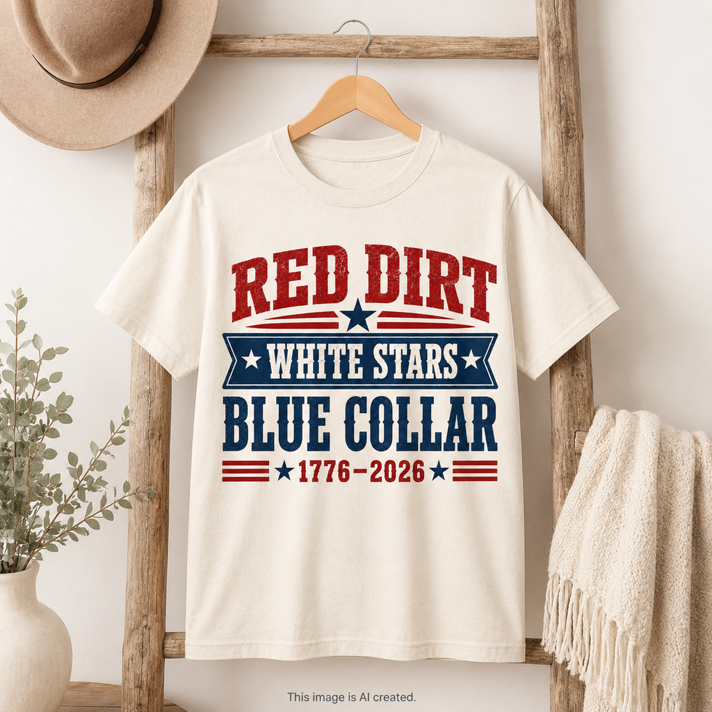 Red Dirt White Stars Blue Collar T-Shirt — Patriotic 1776–2026 Americana Tee