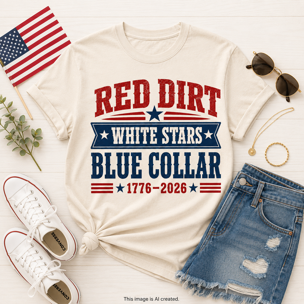 White t-shirt with 'Red Dirt, White Stars, Blue Collar 1776-2026' text, American flag, sunglasses, white sneakers, and denim shorts on a light wooden surface.