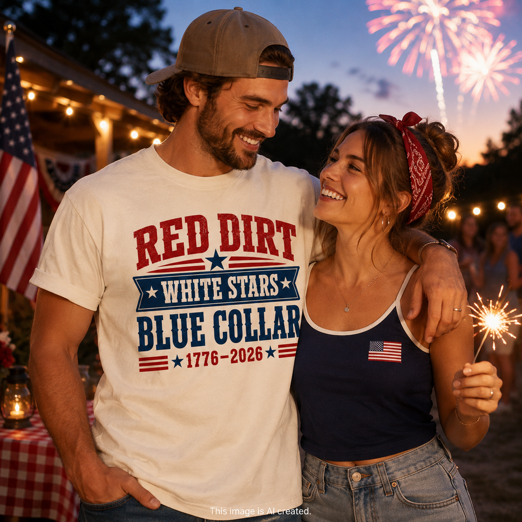 Couple wearing Red Dirt White Stars Blue Collar Americana t-shirt outdoors