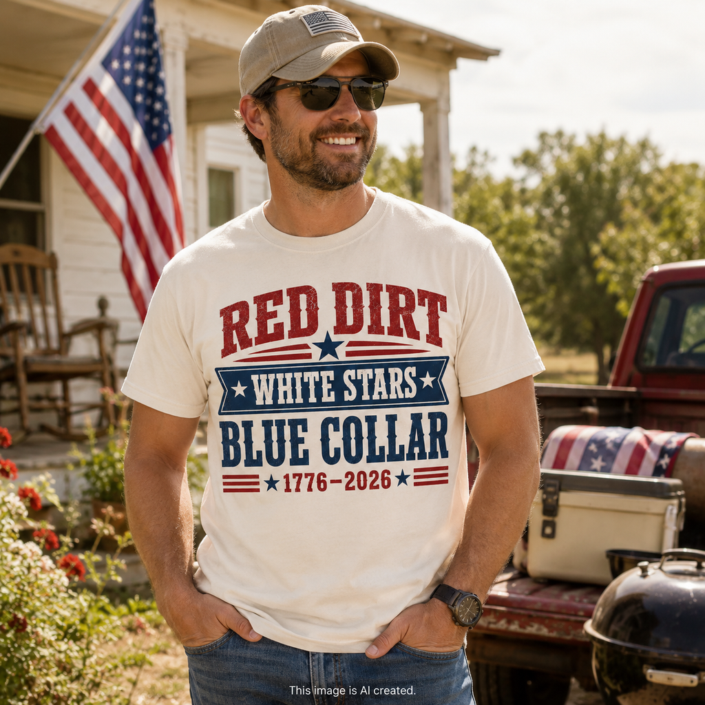 Man wearing a t-shirt with 'Red Dirt, White Stars, Blue Collar' text in a rural setting.