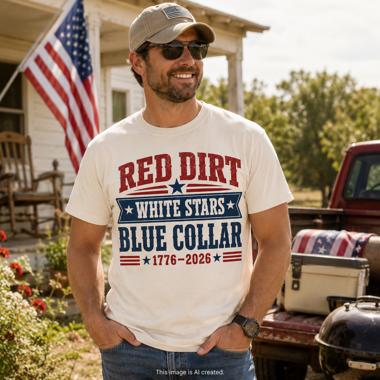 Man wearing a t-shirt with 'Red Dirt, White Stars, Blue Collar' text in a rural setting.